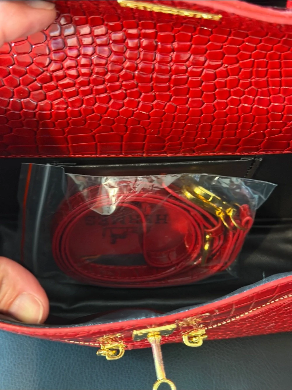 Red Croc-Embossed Top-Handle Bag with Gold Hardware